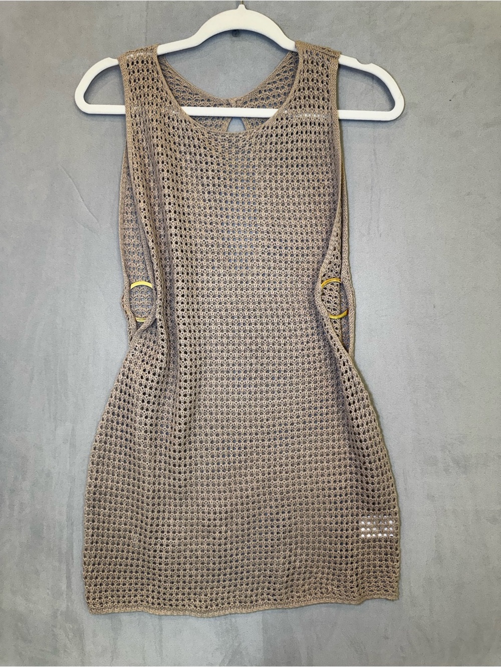Women’s M Taupe Crochet Open Knit Mini Dress Tunic Boho Beach Cover Up